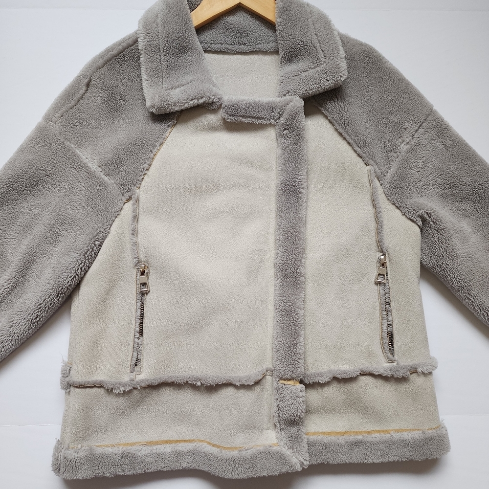 Peridot Paris Moto Style Faux Suede Grey Shearling Jacket - Picture 4 of 15